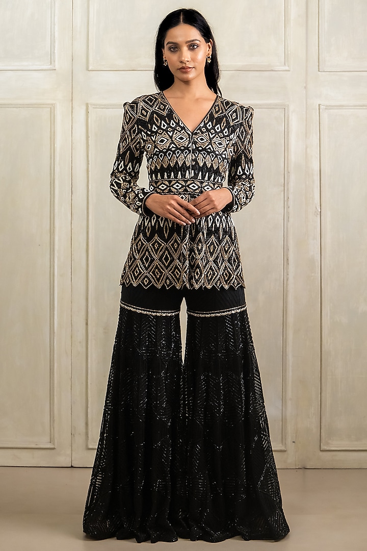 Black Crepe Silk Hand Embroidered Sharara Set by Ritika Mirchandani at Pernia's Pop Up Shop